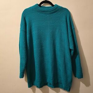 Vintage 90s Spunky Sweater Womens XL Teal Green Textured Knit Mock Neck Slouchy